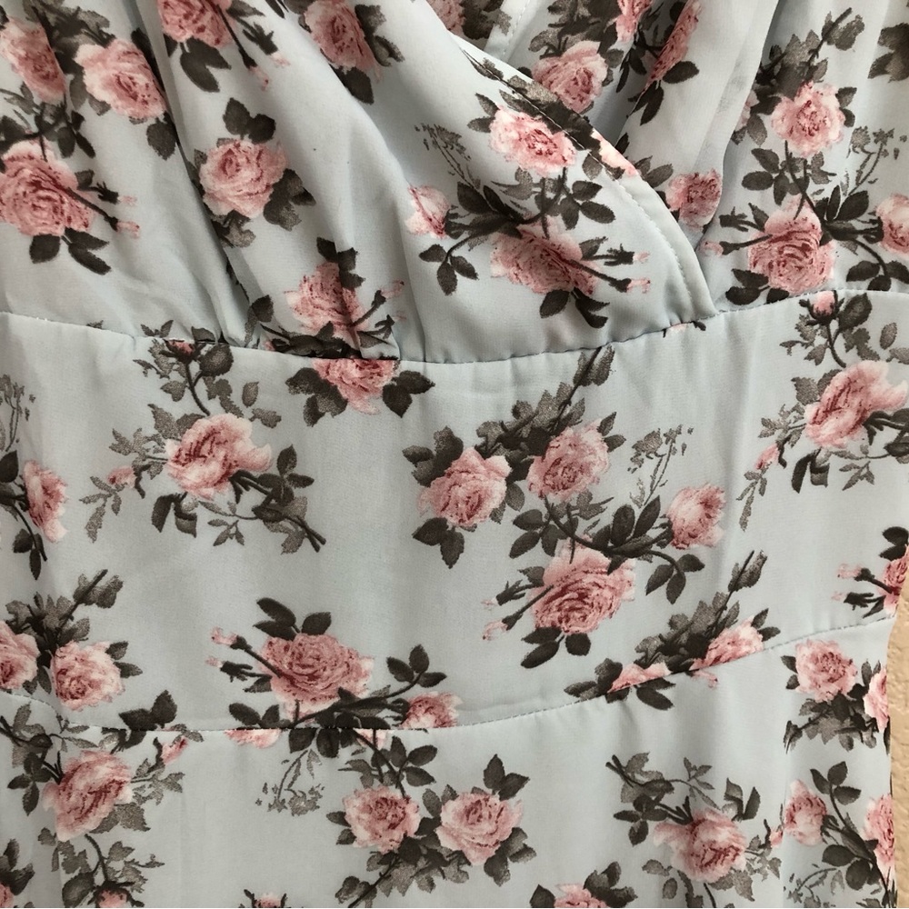Sweet Pea Light Blue Midi Dress with Pink Floral Print - Picture 5 of 7